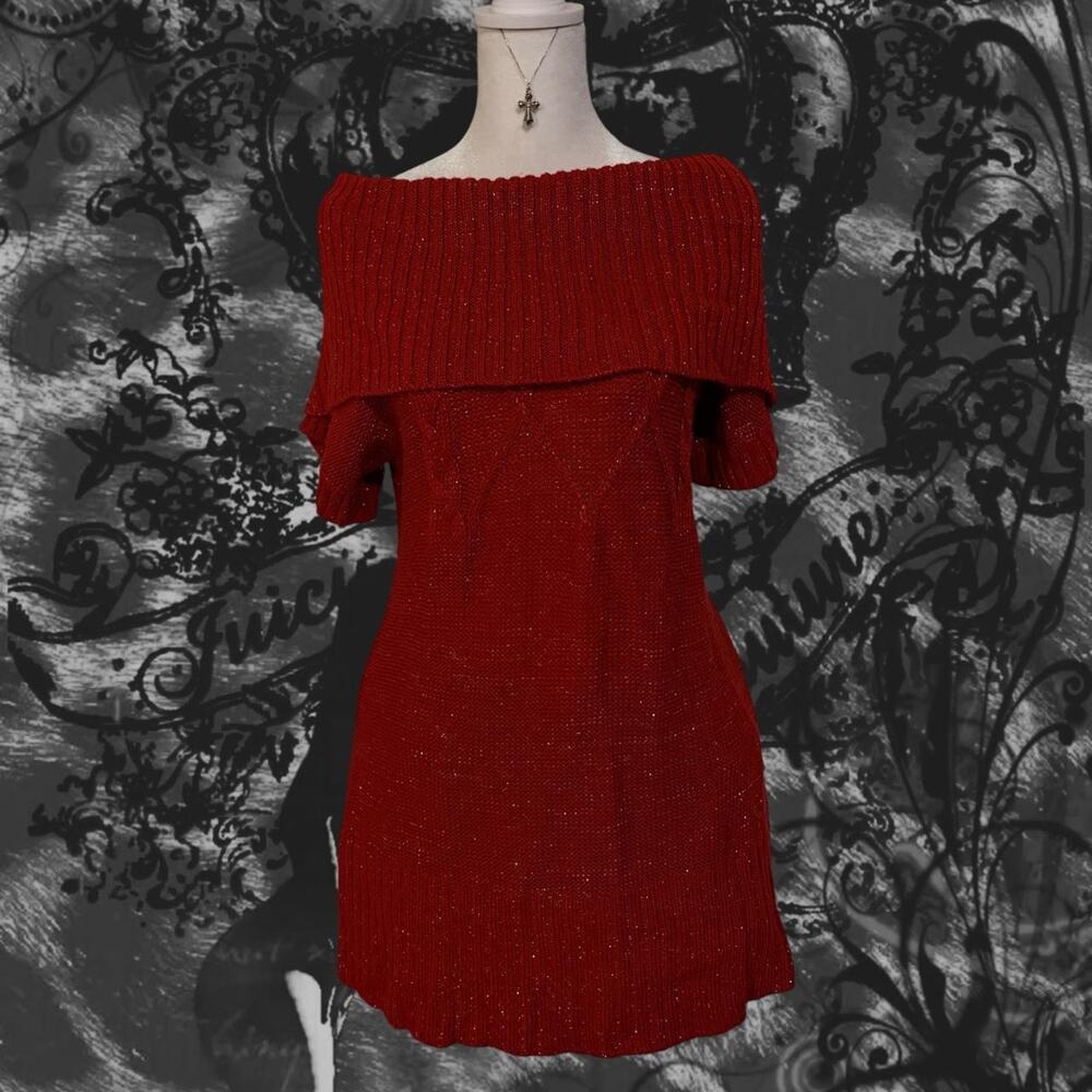 ribbed foldover neck red glitter knit turtleneck glam top